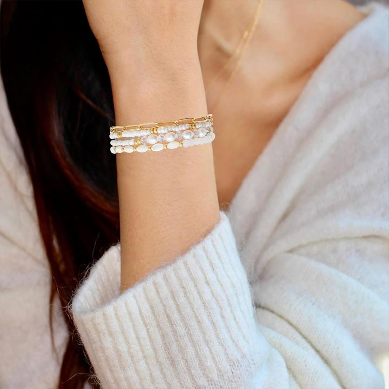 Pymach Store Dainty Gold Plated Pearl Crystal Beaded Bracelets Set for Women 14K Gold Plated Bead Pearl Beads Bracelet Stackable Paperclip Link Chain Bracelets Gold Plated Bracelets for Women Trendy Jewelry - Image 5